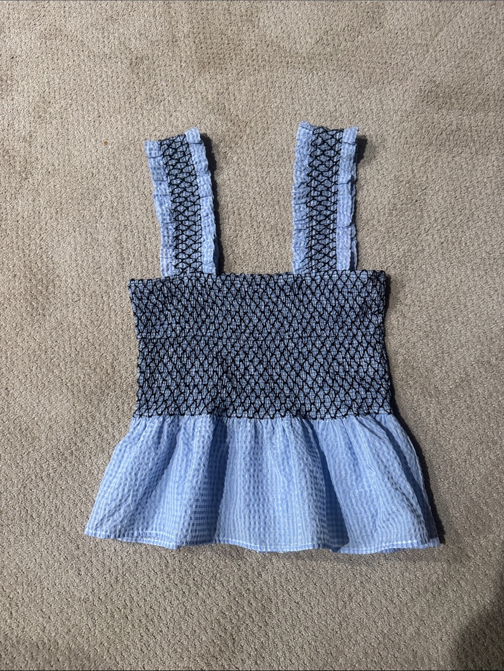 Ganni Light Blue & Black Smocked Peplum Tank Top